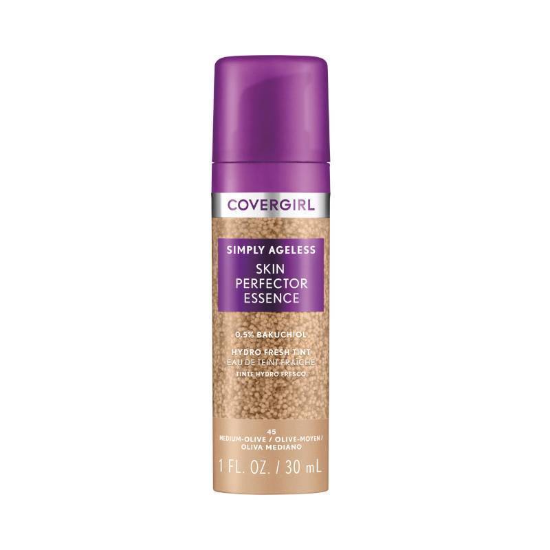 lot 59619 image: Covergirl Simply Ageless Skin Perfector Essence Foundation, 45 Medium-Olive, Tinted Skincare Makeup Hybrid, Sheer Tint, Radiant Finish, Glowy Finish, Vegan Formula, 1.0oz - Retail $15