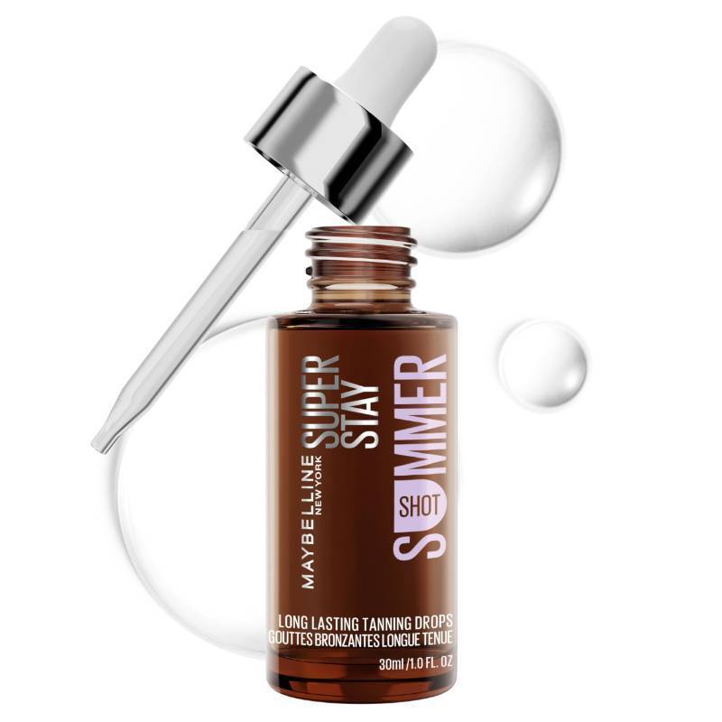 lot 47390 image: Maybelline Super Stay Summer Shot Face Tanning Drops, Customizable Self Tan for 96 Hours, with 2% Hyaluronic Acid For Face and Neck, Buildable, Streak-Free, Universal Shade, Summer Tan, 1 Count - Retail $11