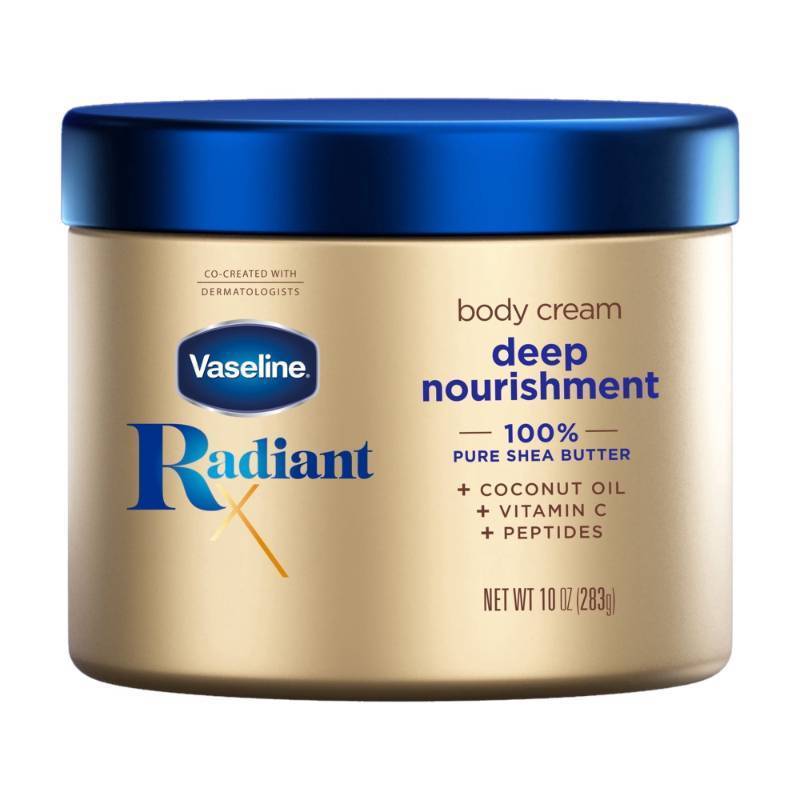 lot 47410 image: Vaseline Radiant X Deep Nourishment Body Cream 100% Pure Shea Butter  Coconut Oil  Vitamin C  & Peptides  10 oz - Retail $22