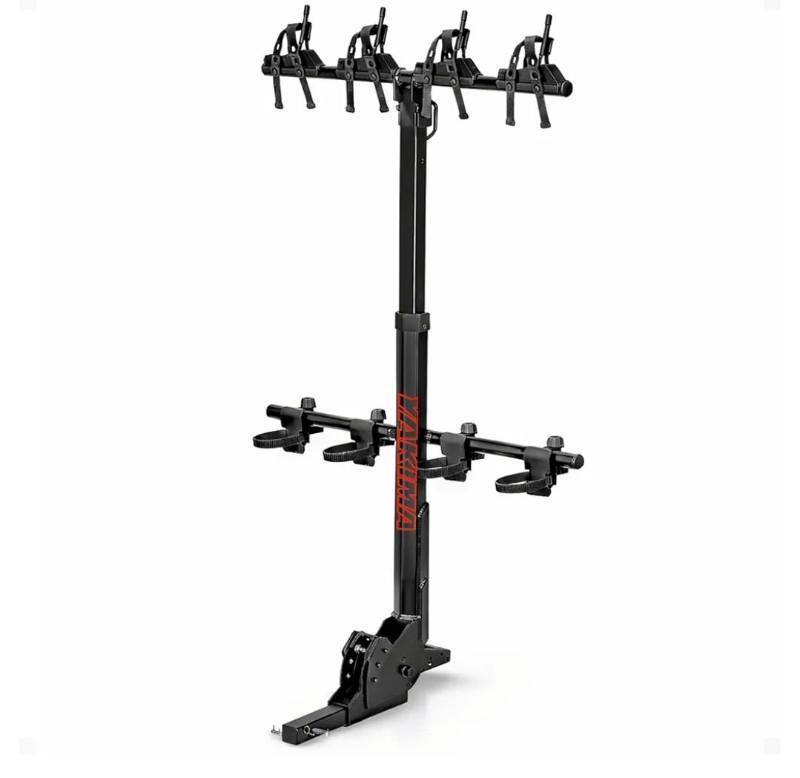 lot 18821 image: Yakima HangOver Vertical Hanging Rack for Mountain Bikes, Fits 4 BikesSteel Hitch Rack, Bicycle Carrier Designed for Suspension-Fork - Retail $450