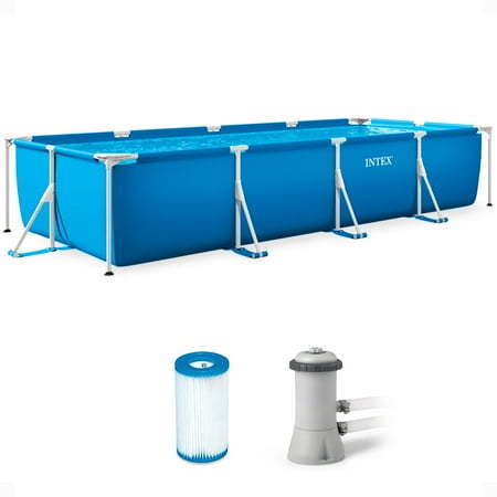 lot 18825 image: INTEX Rectangular Frame 14ft x 33in Above Ground Swimming Pool w Pump - Retail $300