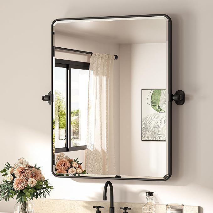 lot 39015 image: Hamilton Hills 20x34 inch Brushed Black Metal Framed Mirror - Pivot Mirrors for Bathrooms - Rounded Corner Rectangular Frame with Tilt Mirror Brackets - Adjustable and Tilting Farmhouse Wall Vanity - Retail $150