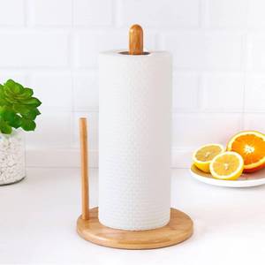 lot 29651 image: Bamboo Paper Towel Holder, Natural Bamboo Wooden Countertop Standing Paper Towel Holder, Free-Standing Kitchen Roll Hanger Rack for Dining Table Bathroom Bedroom Living Room - Retail $13