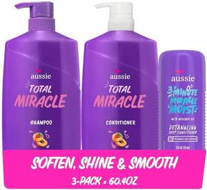 lot 29655 image: Aussie Total Miracle Hair Care Bundle Shampoo, Conditioner, and 3 Minute Deep Treatment with Apricot & Macadamia Oil, Paraben-Free for Damaged Hair - Retail $22