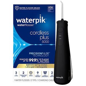 lot 29660 image: Waterpik Cordless Plus 5000 Water Flosser with 2 Settings  3 Tips  ADA Accepted  Black - Retail $70