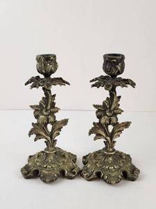 lot 111 image: Vintage Art Nouveau Pair of Bronze Floral Candlestick Holders Set of 2 Scroll Base