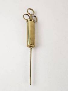 lot 112 image: Vintage Brass Syringe with Three-Ring Plunger Handle and Long Needle