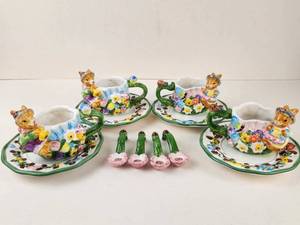 lot 115 image: Floral Rabbit Figural Teacup and Saucer Set 4 Cups 4 Saucers 4 Spoons