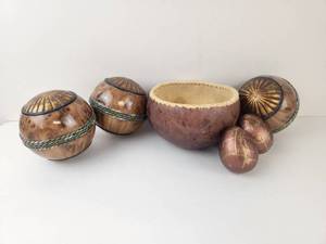 lot 201 image: Decorative Lot 1 Gourd Bowl with Woven Rim, 3 Rope-Banded Spheres, 2 Painted Eggs