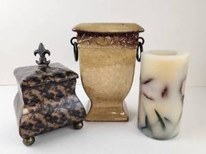lot 205 image: Decorative Lot Lidded Box with Fleur-de-lis Finial, Glazed Ring-Handle Vase, Pillar Candle