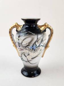 lot 206 image: Vintage Hand-Painted Dragon Relief Two-Handled Mini Vase With Gold-Tone Handles