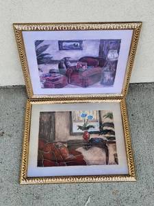 lot 215 image: Lot of 2 Framed Wall Art Prints with Interior Room Scenes 22x18