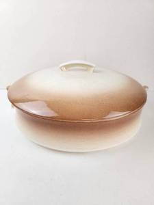 lot 231 image: Vintage Ceramic Covered Casserole Dish with Lid and Side Handles, Brown and Cream Finish