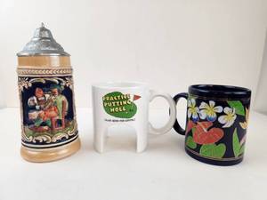 lot 240 image: Lot of 3 Stein and Mugs, Made in Germany Stein, Hawaii Mug, Putting Hole Mug