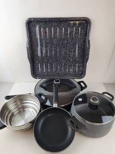 lot 249 image: Pampered Chef Cookware Lot 5 Pieces Skillets Stockpot Steamer Broiler Pan