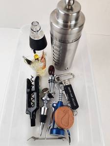 lot 250 image: Drinks Lot Cocktail Shaker with Martini Recipe Rings, Corkscrews, Bottle Stoppers Bar Tool Lot
