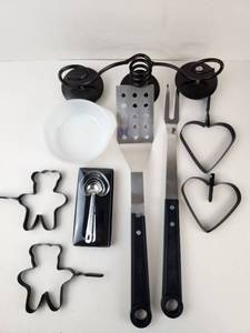 lot 255 image: Farberware Spatula and Fork Lot with Egg Rings, Cookie Cutters and Measuring Spoons