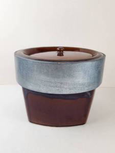 lot 257 image: Brown Glazed Lidded Canister with Gray Metal Band, Approx. 7 in Tall Fire Pit