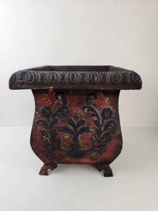 lot 260 image: Metal Square Footed Planter with Embossed Floral Panel and Egg-and-Dart Style Rim