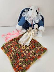 lot 262 image: Lot of Plush Bunny, Bride and Groom Precious Moments, Lace Angel Doll, 2 Crochet Doll Blankets