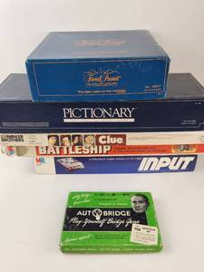 lot 272 image: Lot of Vintage Board Games Trivial Pursuit, Pictionary, Clue, Battleship, Input, Autobridge