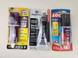 lot 332 image: Adhesive Lot Super Glue Plastic Fusion, Permatex Black Silicone, Loctite Epoxy