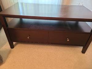 lot 910 image: TV Stand Console with Two Drawers and Open Center Shelf, 19x38x19