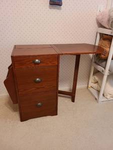 lot 926 image: Wooden multi-drawer bill payers drop leaf desk with side magazine or document rack. 30x42x16