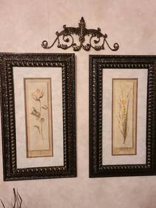lot 1000 image: Framed wall decor 28x17 each, including metal scroll decor