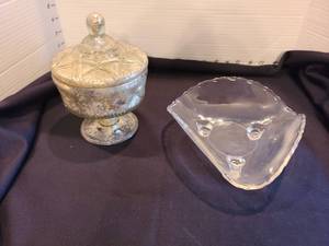lot 1011 image: Covered Footed Dish and Clear Three-Footed Bowl, Lot of 2
