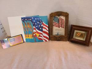 lot 1021 image: Postmarked 1917 postcard of Statue of Liberty and American flag in frame,  small shadowbox of Smiles Postage stamp art, blank flag greeting cards, flag applique