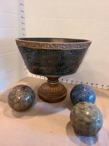 lot 1023 image: Ornate mosaic glass pedestal compote bowl 9in tall with orb decor