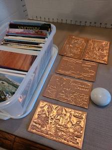 lot 1024 image: Vintage Kopper Kards embossed copper postcards, ceramic doorknob, bin of postcards