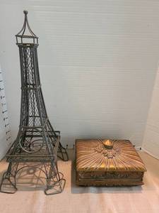 lot 1033 image: Wire Eiffel Tower Figure 28in tall and Lidded Box, 2 Piece Lot