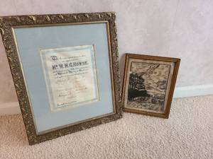 lot 1036 image: Framed Document Mr. W.M.G. Howse Liverpool 1901 16x13.5,  and Framed Landscape Sketch