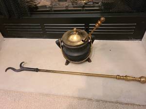lot 1037 image: Cast iron smudge pot with pumice stone wand and fireplace poker