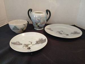 lot 1130 image: Crane Pattern Sugar Bowl Cup Saucer Plate 4 Piece Lot Made in Japan flaking on bowl no lid
