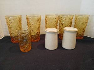 lot 1133 image: Amber Textured Drinking Glasses, 1 Small Glass and Salt & Pepper Shaker Set