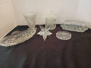 lot 1134 image: Clear Glassware Lot of 6 Pieces Covered Butter Dish Candy Jar Goblet Tray candlestick holder