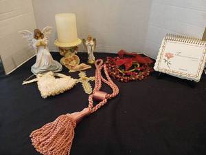 lot 1136 image: Assorted Angel Figurines, Pillar Candle Holder, Cross, Heart, Tassel Tieback Lot