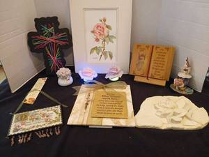 lot 1140 image: Assorted Religious and Floral Decor Lot with Matted Rose Print, Cross, Plaques