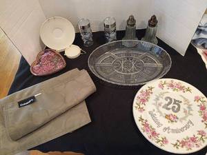 lot 1141 image: Cuisinart Fabric Napkins with 25th Anniversary Plate, Glass Shakers and plastic Serving Tray  4 cloth place mats