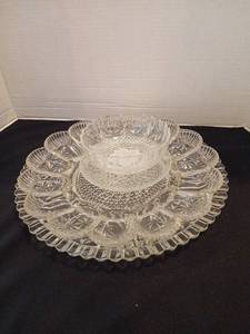 lot 1142 image: Clear Glass Egg Plate, Platter, Bowl and Plate Lot largest piece 12 inches