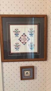 lot 1309 image: Karen Smith 1993 Framed Wall Art and Small Quilt Block Design Larger One is 15x15