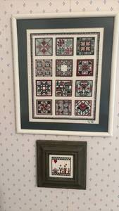 lot 1311 image: Framed Cross Stitch Quilt Block Sampler with Small Feamed Cross stitch Art. Larger is 16x13