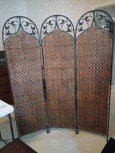 lot 1404 image: 3-Panel Folding Room Divider Screen with Woven Panels and Scrolled Metal Frame 71x19  Per panel total of 3 panels