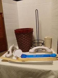 lot 1419 image: Bath Accessory Lot Grab Bars, Shoe Horns, Back Scratchers, Wicker Basket 12 inches and toilet paper holder