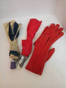 lot 1525 image: Lot of 2 Folded Umbrellas and 1 Pair of Red Gloves