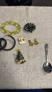 lot 1947 image: Jewelry Lot Bracelet, Brooch, Earrings, Christmas Tree Pin, Arizona Spoon