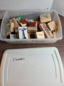 lot 3115 image: Rubber stamps in plastic storage bin